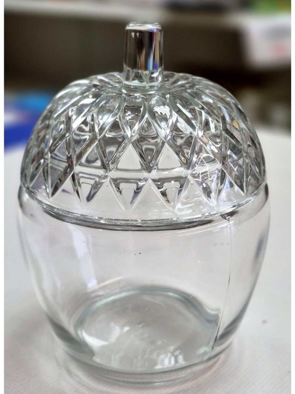 Vintage Acorn Jar Clear Glass Lidded Candy Dish Diamond Pattern